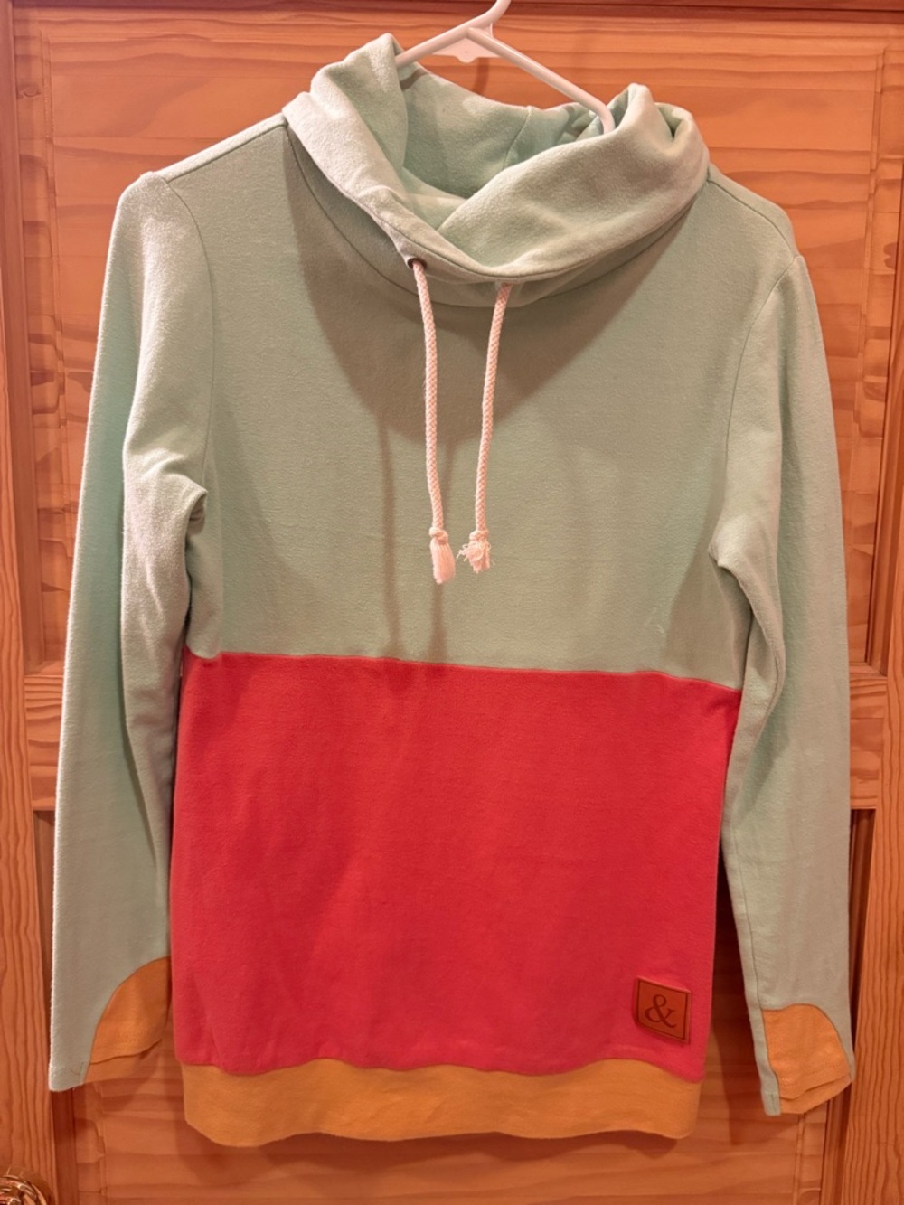 Colorblock Cowlneck Pullover in Mint, Coral & Mustard - Picture 2 of 5